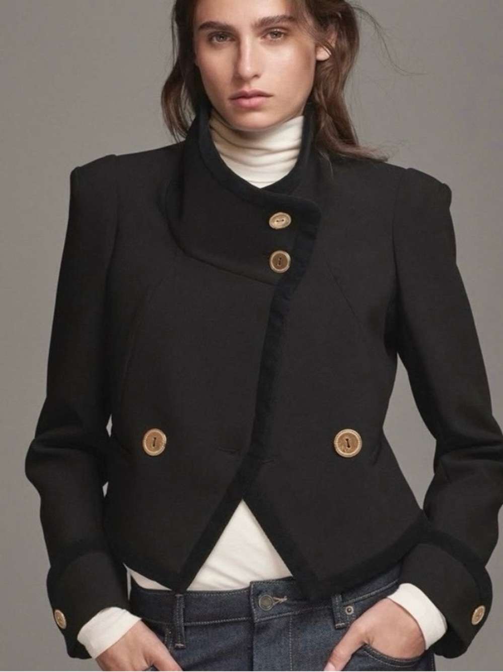 Zara Cropped Navy Military-Style Jacket with Gold Buttons Size S